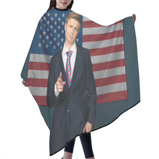 Personality  Man Pointing With Finger At Camera On American Flag Background Hair Cutting Cape
