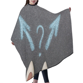 Personality  Top View Of Woman Standing Near Blue Directional Arrows And Question Mark On Asphalt  Hair Cutting Cape