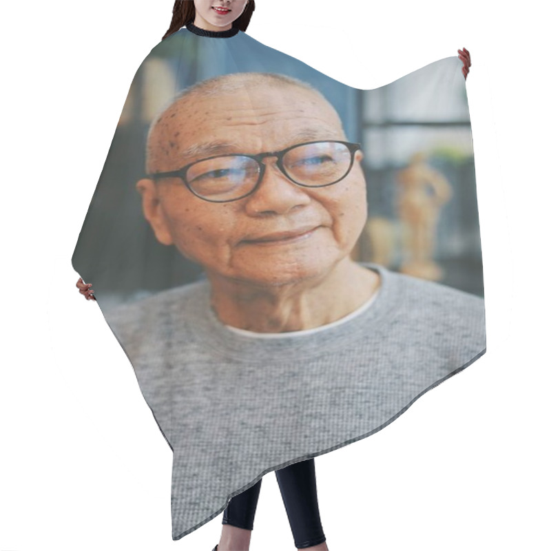 Personality  Asian Senoir Old Man Retirement Drinking Coffee In Cafe Smile An Hair Cutting Cape