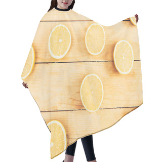 Personality  Top View Of Juicy, Fresh And Yellow Cut Lemons On Wooden Table Background Hair Cutting Cape