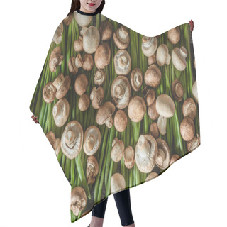 Personality  Top View Of Champignon Mushrooms On Green Leeks On Wooden Tabletop Hair Cutting Cape