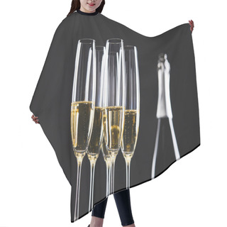 Personality  Glasses And Bottle Of Champagne For Celebrating Christmas, Isolated On Black  Hair Cutting Cape