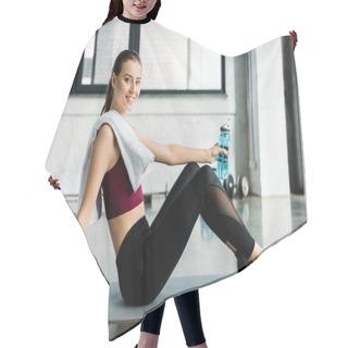 Personality  Smiling Sportswoman With Towel Sitting On Mat With Sport Bottle After Working Out At Gym Hair Cutting Cape