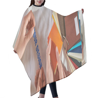Personality  Top View Of Young Designer Pointing At Color Swatches Near African American Colleague With Printing Layer And Clothes In Print Studio, Self-employment Opportunity Concept, Banner  Hair Cutting Cape