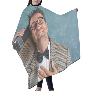 Personality  Nerd Silly Retro Man With Braces And Vintage Radio Hair Cutting Cape