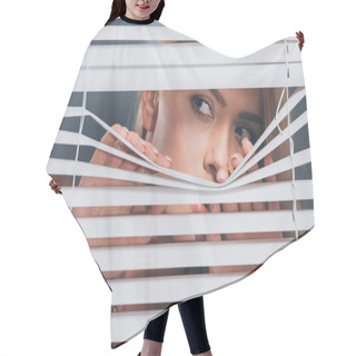 Personality  Young Woman Looking Away And Peeking Through Blinds, Mistrust Concept  Hair Cutting Cape