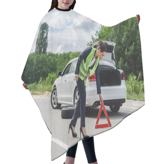 Personality  Attractive Businesswoman In Light Green Vest Putting Stop Sign On Road Near Broken Car Hair Cutting Cape