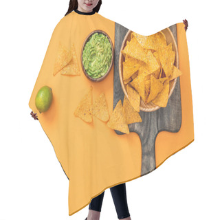 Personality  Top View Of Crispy Mexican Nachos On Wooden Cutting Board, Guacamole And Lime On Orange Background Hair Cutting Cape