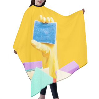 Personality  A Hand In A Yellow Rubber Glove Holds A Sponge For Washing Dishes And Cleaning, A Hand Sticks Out Of A Pile Of Sponges, Yellow Background Copy Space Hair Cutting Cape