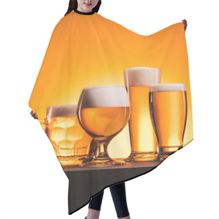 Personality  Close Up View Of Arranged Mugs Of Cold Beer With Froth On Orange Background Hair Cutting Cape