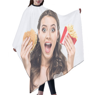 Personality  Close-up Portrait Of Shocked Young Bride In Wedding Dress With Burger And French Fries Looking At Camera Isolated On White Hair Cutting Cape