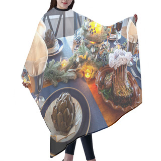 Personality  Holiday Table With A Rack Of Lamb, Steamed Artichoke, Potatoes And On A Bone China Plate With Candles And Holiday Decor. Hair Cutting Cape