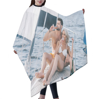 Personality  Smiling Couple In Swimwear Drinking Champagne On Yacht  Hair Cutting Cape