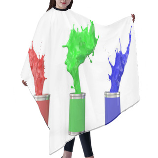Personality  Three Cans Of Paint And Splashes Of Them On A White Background. Definition Of RGB Color System. 3 D. Hair Cutting Cape