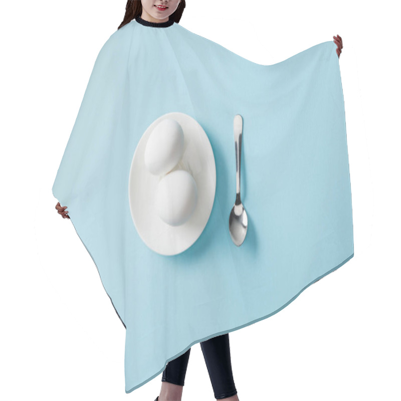 Personality  Top View Of Teaspoon Near Boiled Eggs On White Plate On Blue Background Hair Cutting Cape