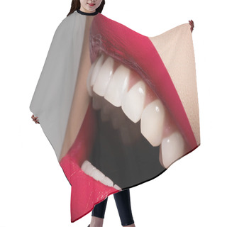 Personality  Close-up Happy Female Smile With Healthy White Teeth, Bright Magenta Lips Hair Cutting Cape