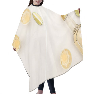Personality  Collage Of Golden Tequila In Bottle And Shot Glasses With Lime On White Marble Surface Hair Cutting Cape