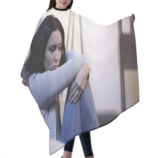 Personality  Depressed Woman Sitting On Sofa In Self Hug Pose At Home Hair Cutting Cape