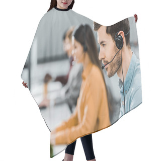 Personality  Selective Focus Of Call Center Operator In Headset Working In Office Hair Cutting Cape