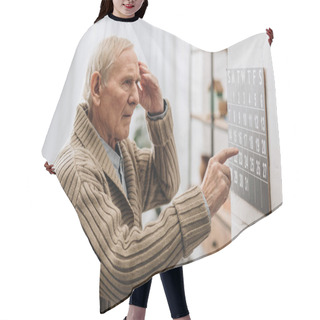 Personality  Old Man Looking At Calendar And Touching Head Hair Cutting Cape