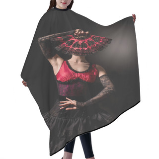 Personality  Young Flamenco Dancer Covering Face With Fan On Black Hair Cutting Cape