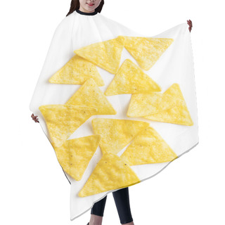 Personality  Corn Nacho Chips. Yellow Tortilla Chips. Hair Cutting Cape