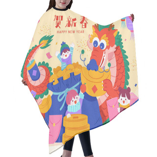 Personality  Cute Kids Around Dragon With Pile Of Chinese New Year Festive Decorations. Text: Happy New Year. Hair Cutting Cape