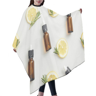 Personality  Flat Lay With Essential Oil In Bottles, Lemon Slices And Rosemary On Grey Background Hair Cutting Cape