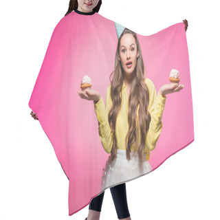 Personality  Attractive Woman With Party Hat Holding Cupcakes Isolated On Pink Hair Cutting Cape