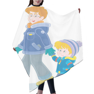 Personality  Young Dad And His Little Son Friendly Talking And Walking Together Hand In Hand On A Winter Stroll, Vector Cartoon Illustration Isolated On A White Background Hair Cutting Cape