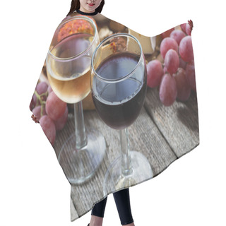 Personality  Glass Of White And Red Wines, Appetizers On A Wooden Table Hair Cutting Cape