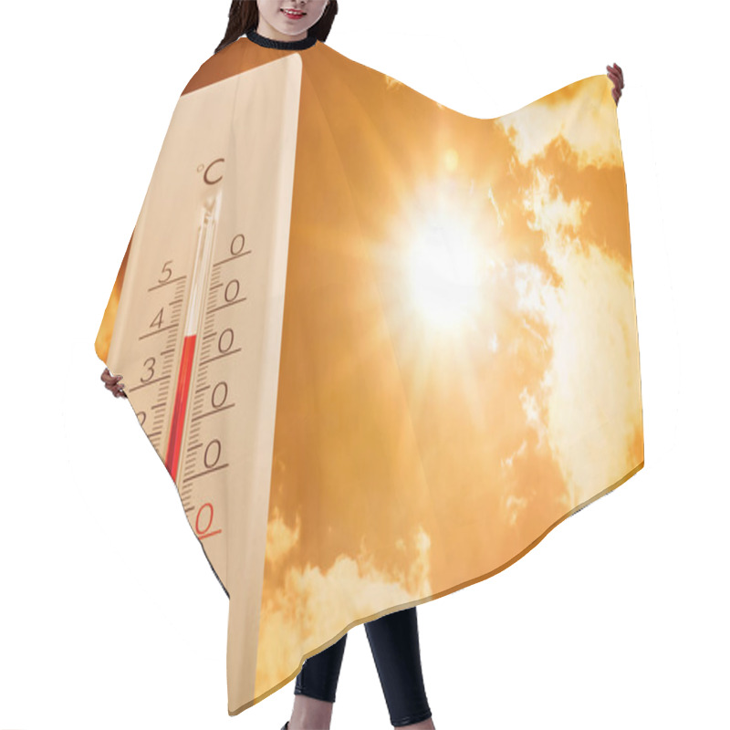 Personality  Weather Thermometer Showing High Temperature And Sunny Sky With Clouds On Background Hair Cutting Cape
