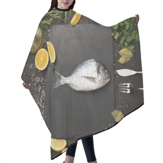 Personality  Raw Fish On Slate Board With Salt And Herbs With Lemon Slices Hair Cutting Cape