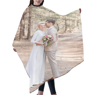 Personality  Full Length View Of Just Married Couple Embracing In Forest Hair Cutting Cape