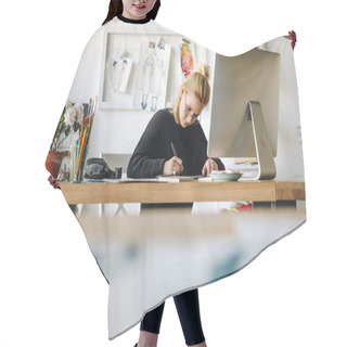Personality  Fashion Designer Working With Devices Hair Cutting Cape