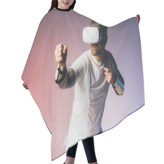 Personality  A Man In A White Shirt Explores The Metaverse Through A White VR Headset In A Studio Setting. Hair Cutting Cape