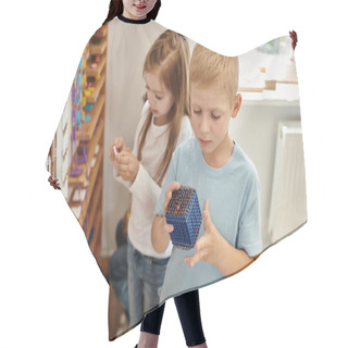 Personality  Curious Boy Holding Montessori Pearl Beads Material, Learn Math, Girl On Blurred Background Hair Cutting Cape