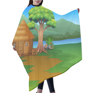 Personality  Cartoon Woods Cabin By The River With Mountains Landscape Background Hair Cutting Cape