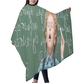 Personality  Panoramic Shot Of Curly Kid In Glasses Sneezing Near Chalkboard With Mathematical Formulas  Hair Cutting Cape