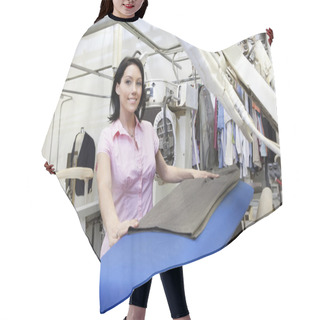 Personality  Portrait Of A Happy Mid Adult Woman Standing By Ironing Machine In Laundry Hair Cutting Cape