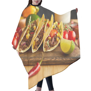 Personality  Selective Focus Of Fresh Tacos With Ingredients On Wooden Table On Black Background Hair Cutting Cape