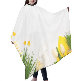 Personality  Top View Of Spring Tulips And Green Plants Near Yellow Cleaning Supplies And Hearts On White Background Hair Cutting Cape