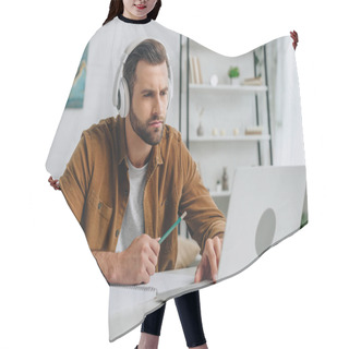 Personality   Good-looking Man Listening Music, Holding Pencil And Using Laptop  Hair Cutting Cape