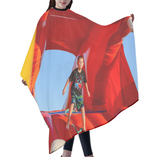 Personality  Blond Boy Playing In Red Bouncy Castle Hair Cutting Cape