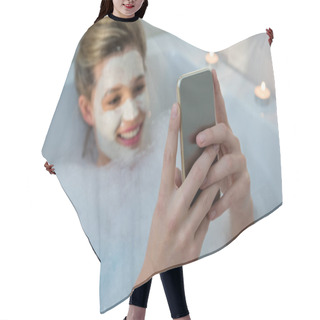 Personality  Woman Using Mobile Phone While Having Bath  Hair Cutting Cape