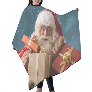 Personality  Photo Of Happy Santa Claus Outdoors In Snowfall Carrying Gifts T Hair Cutting Cape
