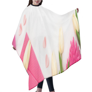 Personality  Top View Of Spring Tulips And Pink Cleaning Supplies On White Background, Panoramic Shot Hair Cutting Cape