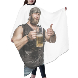 Personality  Beard Man Drinking Beer From A Beer Mug. Hair Cutting Cape
