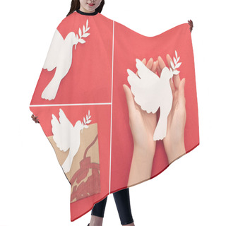 Personality  Collage Of Female Hands, White Paper Dove And Cardboard Placard With No War Lettering And Bomb On Red Background Hair Cutting Cape