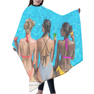 Personality  Multiethnic Women Near Swimming Pool Hair Cutting Cape